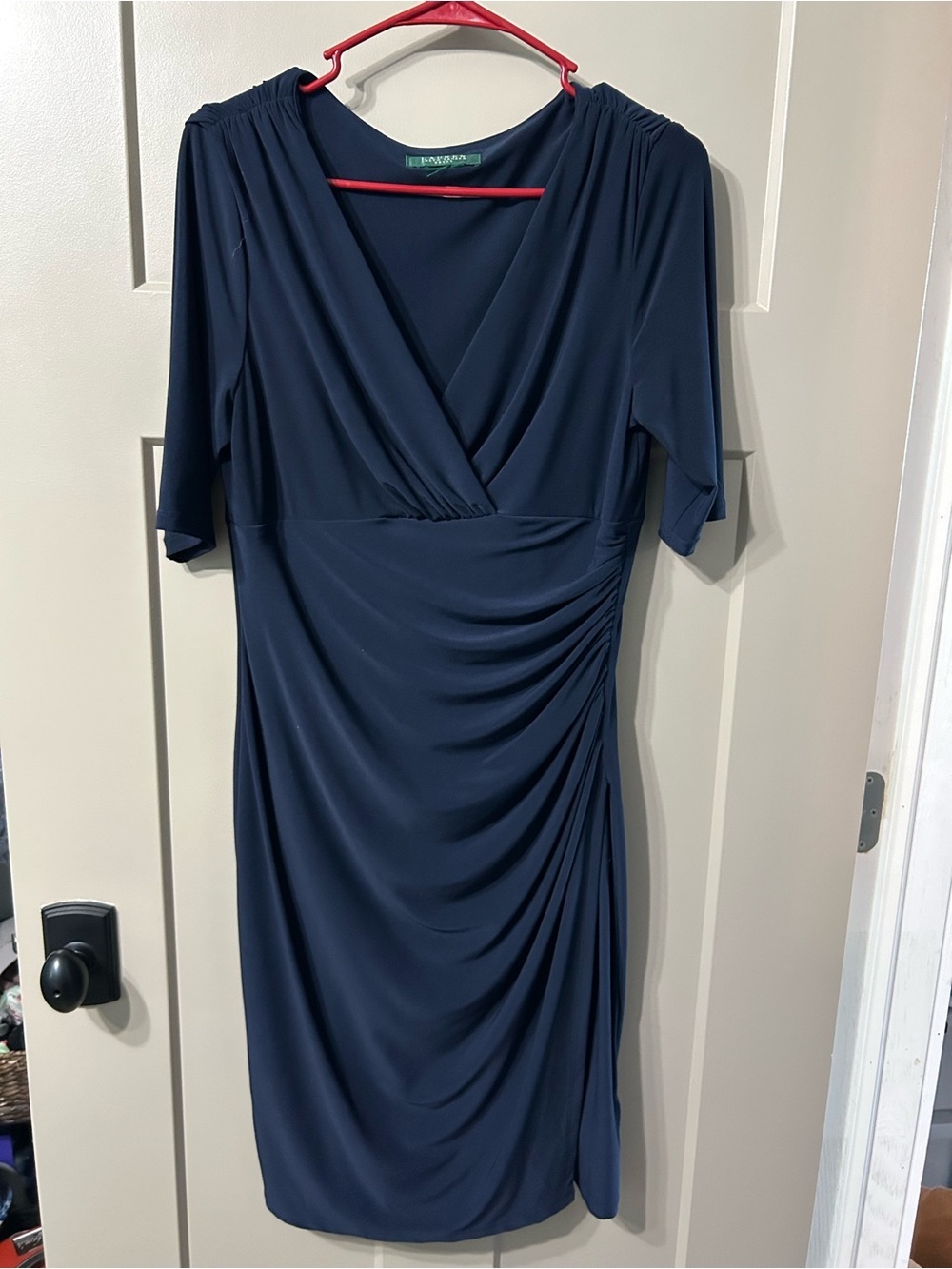 Ralph Lauren  Navy Faux-Wrap Ruched Women’s Dress 3/4 sleeve